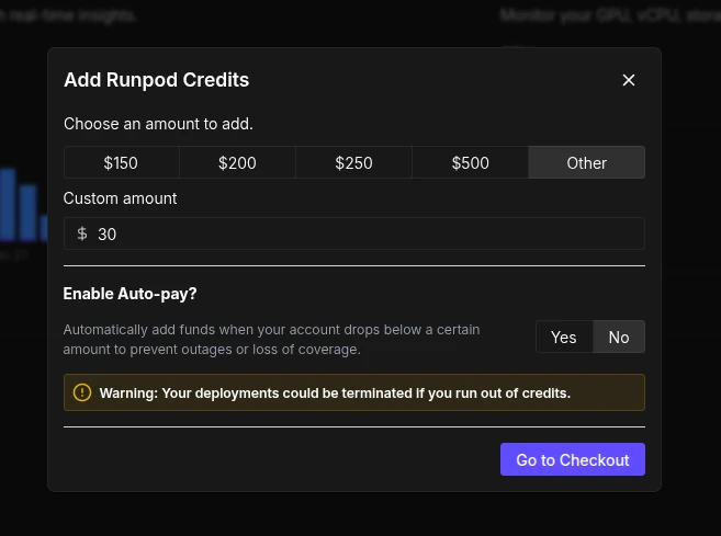 Okno dodawania kredytów w usłudze runpod.io