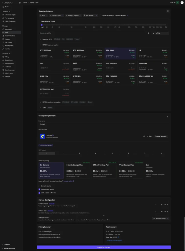 Formularz tworzenia Poda w runpod.io